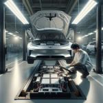 Kỹ thuật viên đang kiểm tra khối pin lithium-ion của một chiếc xe điện hiện đại trong xưởng dịch vụ.