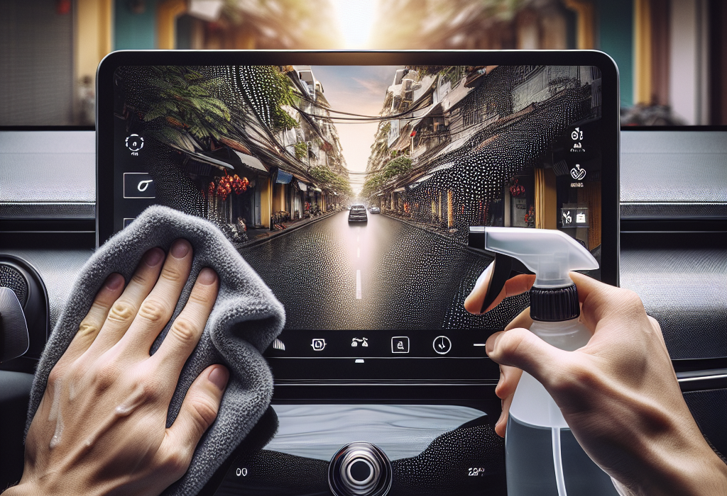 Một người đang dùng khăn microfiber màu xám lau nhẹ nhàng màn hình cảm ứng trung tâm của một chiếc xe điện hiện đại.