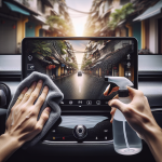 Một người đang dùng khăn microfiber màu xám lau nhẹ nhàng màn hình cảm ứng trung tâm của một chiếc xe điện hiện đại.