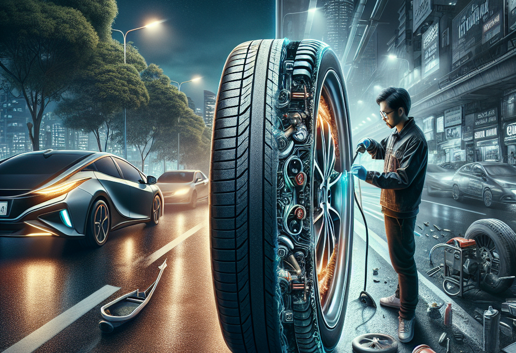 Một chai keo tự vá đặt cạnh một cảm biến áp suất lốp TPMS trên nền tối, thể hiện sự đối lập.