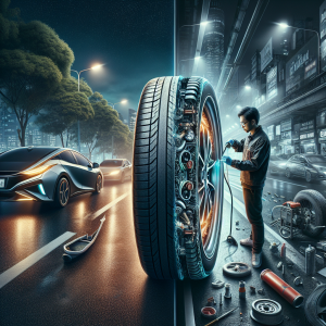 Một chai keo tự vá đặt cạnh một cảm biến áp suất lốp TPMS trên nền tối, thể hiện sự đối lập.