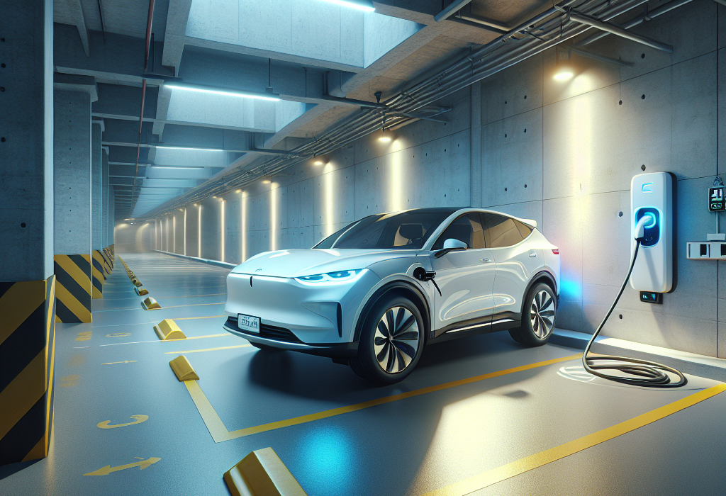 Một chiếc xe điện VinFast đang cắm sạc tại trạm sạc trong hầm gửi xe của một khu chung cư hiện đại.