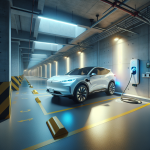 Một chiếc xe điện VinFast đang cắm sạc tại trạm sạc trong hầm gửi xe của một khu chung cư hiện đại.