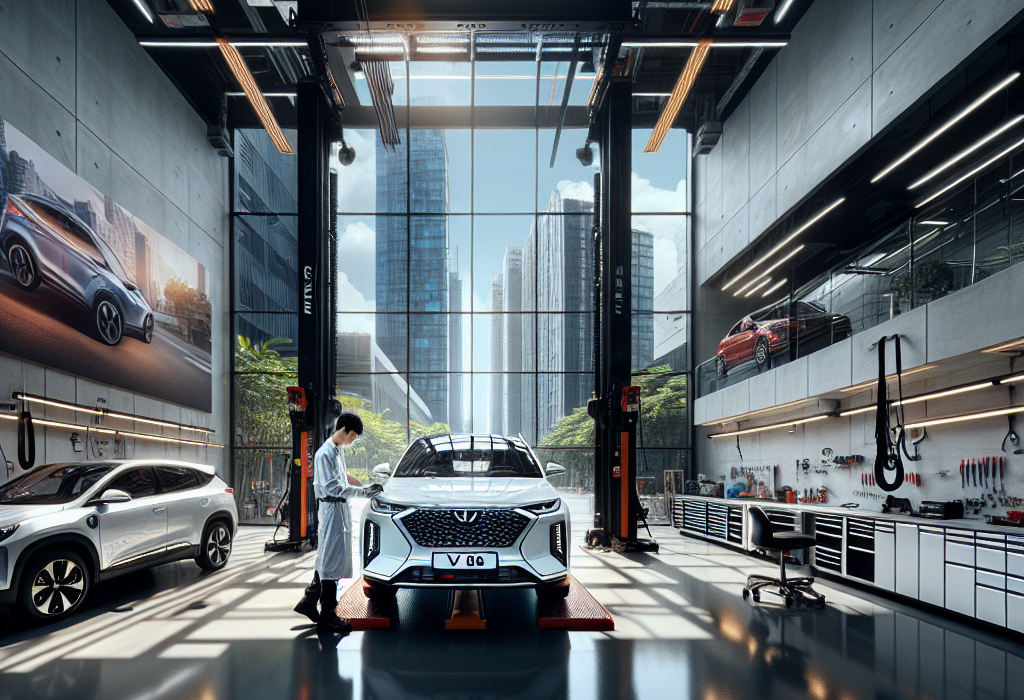 Ba mẫu xe điện VinFast VF 8, BYD Atto 3 và Hyundai IONIQ 5 được nâng trên cầu trong một xưởng dịch vụ hiện đại.