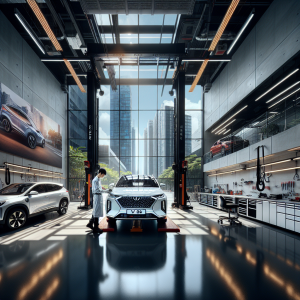 Ba mẫu xe điện VinFast VF 8, BYD Atto 3 và Hyundai IONIQ 5 được nâng trên cầu trong một xưởng dịch vụ hiện đại.