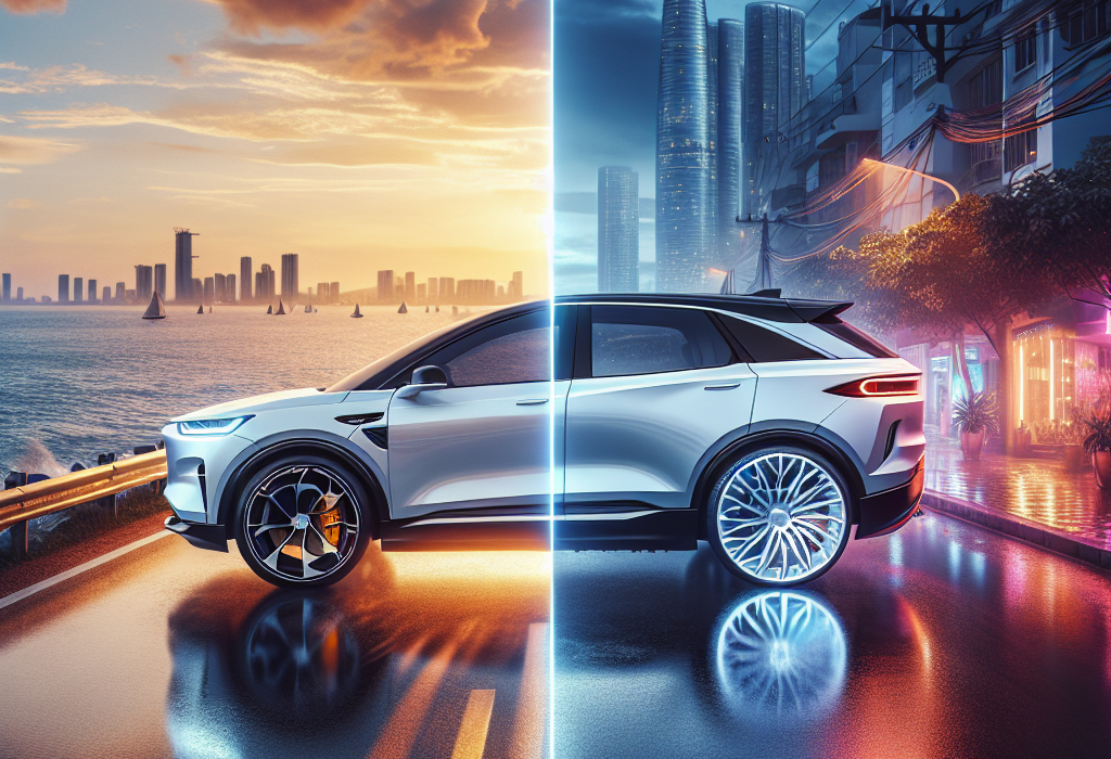 Cận cảnh một chiếc mâm xe điện lớn, thiết kế thể thao, màu đen bóng, lắp trên một chiếc xe màu trắng.