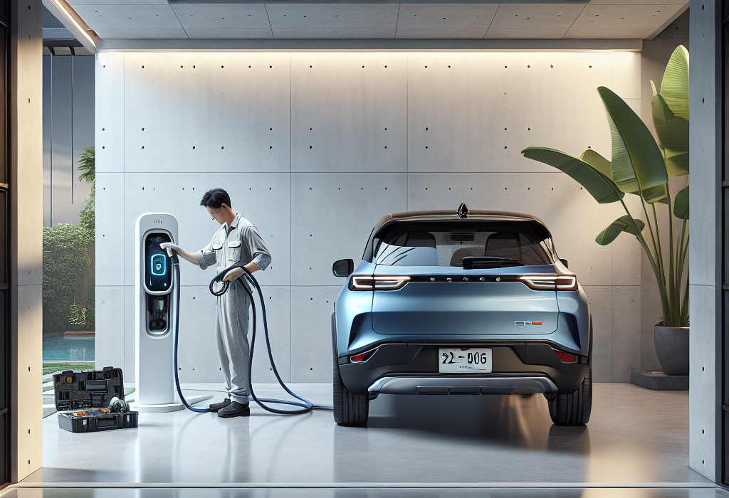 Một bộ sạc xe điện Wallbox hiện đại được lắp trên tường gara, với dây sạc cắm vào chiếc xe điện màu trắng.