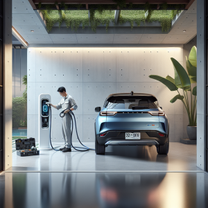 Một bộ sạc xe điện Wallbox hiện đại được lắp trên tường gara, với dây sạc cắm vào chiếc xe điện màu trắng.