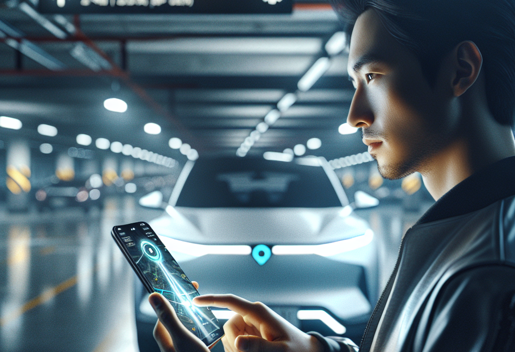 Một người đang dùng ứng dụng bản đồ trên điện thoại thông minh để tìm đường đến chiếc xe hơi của mình trong một bãi giữ xe nhiều tầng.