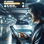 Một người đang dùng ứng dụng bản đồ trên điện thoại thông minh để tìm đường đến chiếc xe hơi của mình trong một bãi giữ xe nhiều tầng.