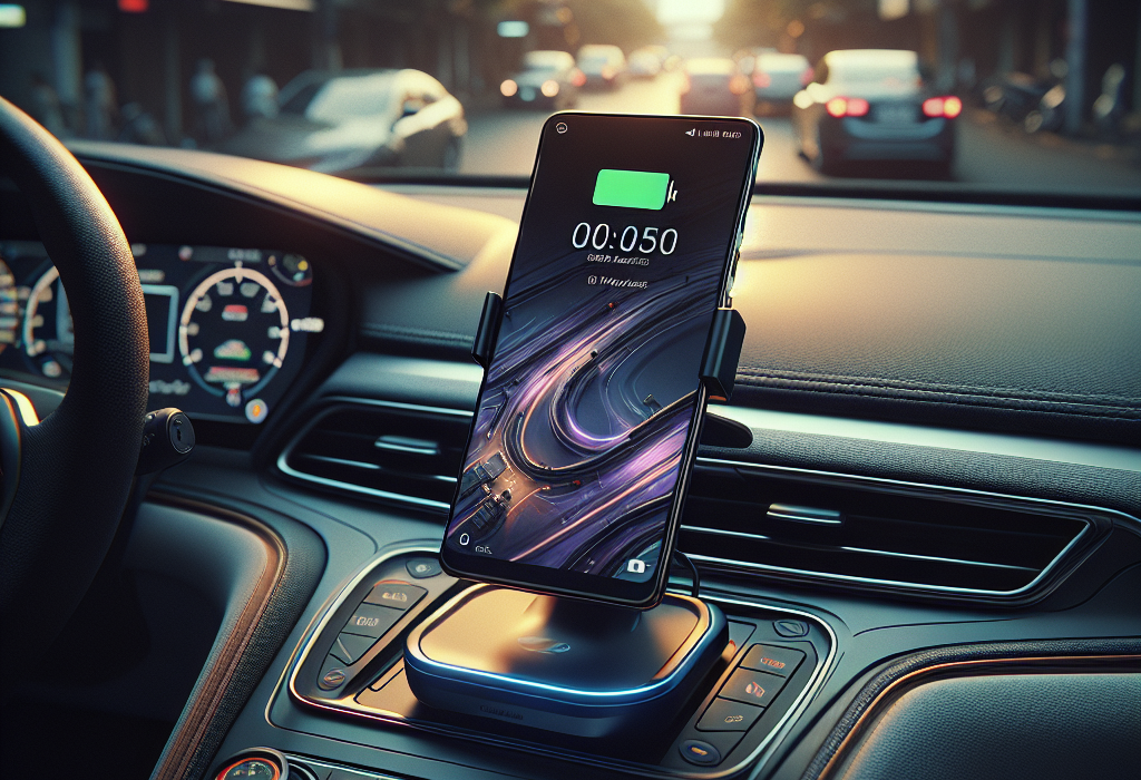 Một chiếc điện thoại thông minh đang được sạc không dây trên đế sạc gắn trên táp-lô của một chiếc xe điện hiện đại.