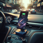 Một chiếc điện thoại thông minh đang được sạc không dây trên đế sạc gắn trên táp-lô của một chiếc xe điện hiện đại.