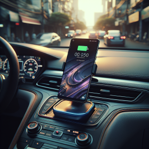 Một chiếc điện thoại thông minh đang được sạc không dây trên đế sạc gắn trên táp-lô của một chiếc xe điện hiện đại.