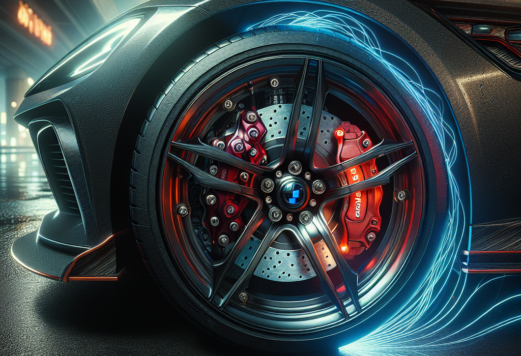 Cận cảnh bộ kẹp phanh hiệu năng cao Brembo màu đỏ được lắp trên bánh xe của một chiếc xe điện hiện đại.