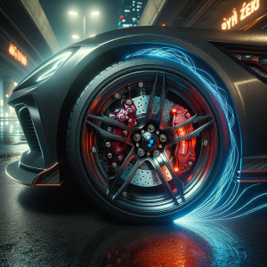 Cận cảnh bộ kẹp phanh hiệu năng cao Brembo màu đỏ được lắp trên bánh xe của một chiếc xe điện hiện đại.