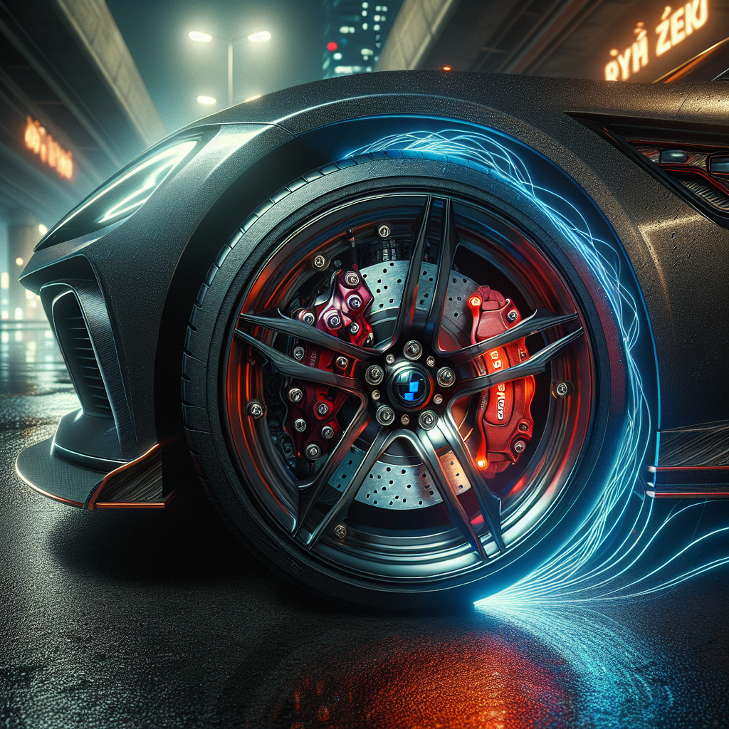 Cận cảnh bộ kẹp phanh hiệu năng cao Brembo màu đỏ được lắp trên bánh xe của một chiếc xe điện hiện đại.