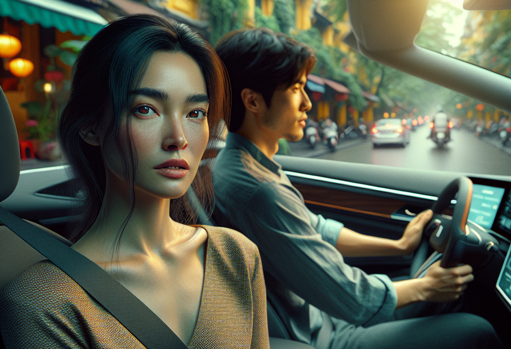 Một người đang cầm vô lăng của một chiếc xe điện hiện đại, màn hình trung tâm hiển thị thông tin về năng lượng.