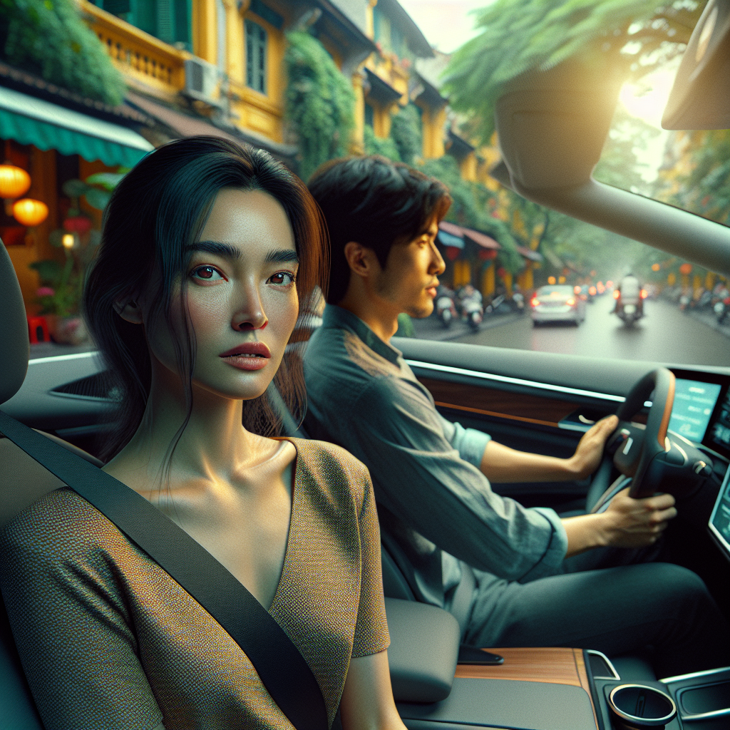 Một người đang cầm vô lăng của một chiếc xe điện hiện đại, màn hình trung tâm hiển thị thông tin về năng lượng.