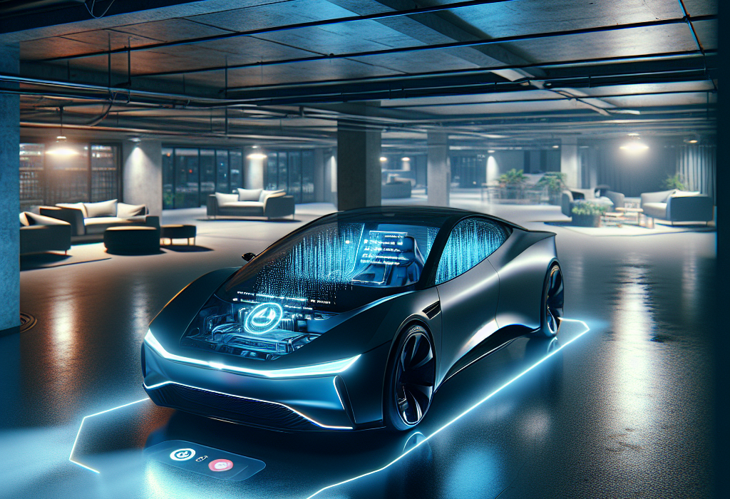 Một chiếc xe điện đang đỗ trong gara tối, với ánh đèn nội thất mờ ảo, tượng trưng cho trạng thái 'ngủ sâu'.