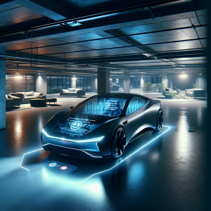 Một chiếc xe điện đang đỗ trong gara tối, với ánh đèn nội thất mờ ảo, tượng trưng cho trạng thái 'ngủ sâu'.