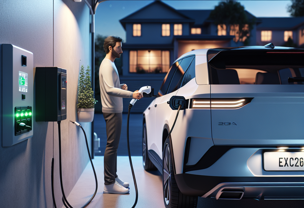 Một bộ sạc di động cho xe điện được cắm vào ổ cắm công nghiệp trên tường, có dây nối tới một chiếc ô tô điện màu trắng đang sạc trong gara.