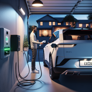 Một bộ sạc di động cho xe điện được cắm vào ổ cắm công nghiệp trên tường, có dây nối tới một chiếc ô tô điện màu trắng đang sạc trong gara.