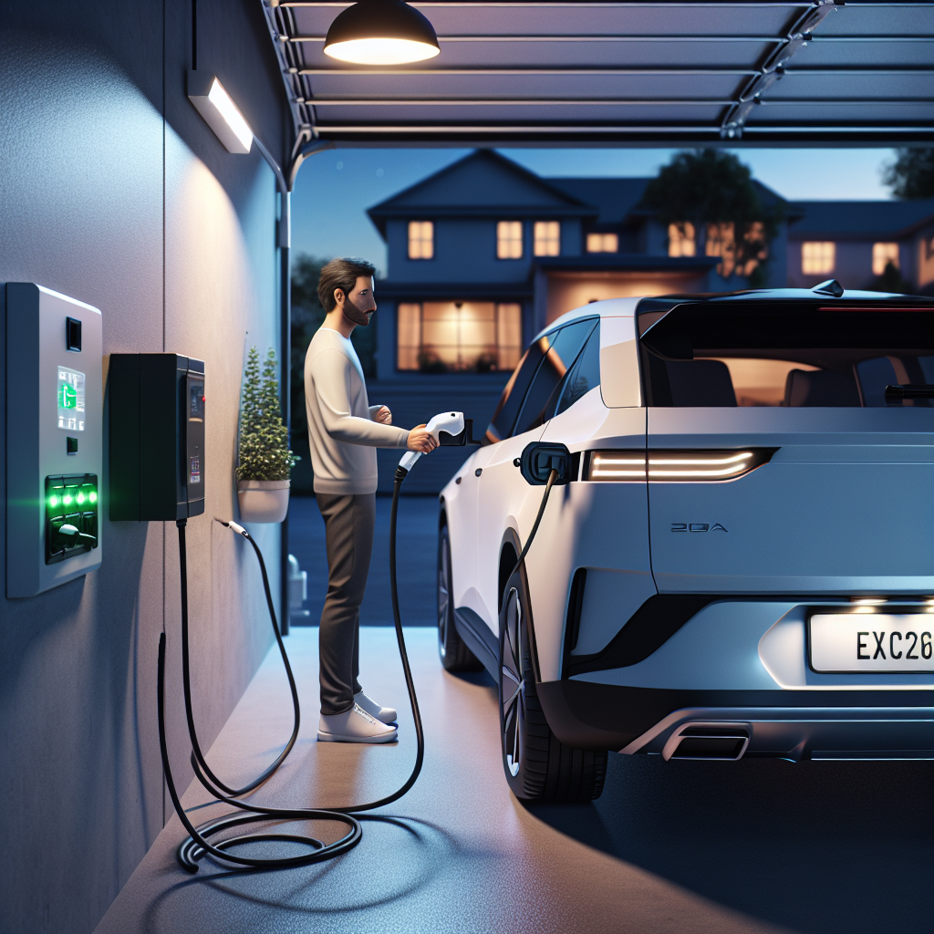 Một bộ sạc di động cho xe điện được cắm vào ổ cắm công nghiệp trên tường, có dây nối tới một chiếc ô tô điện màu trắng đang sạc trong gara.