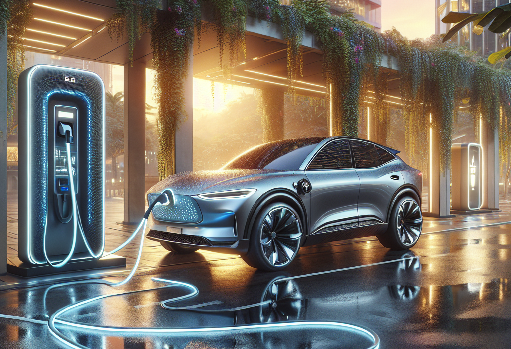 Một chiếc xe điện VinFast VF 8 đang cắm sạc tại trạm sạc nhanh DC công suất cao.