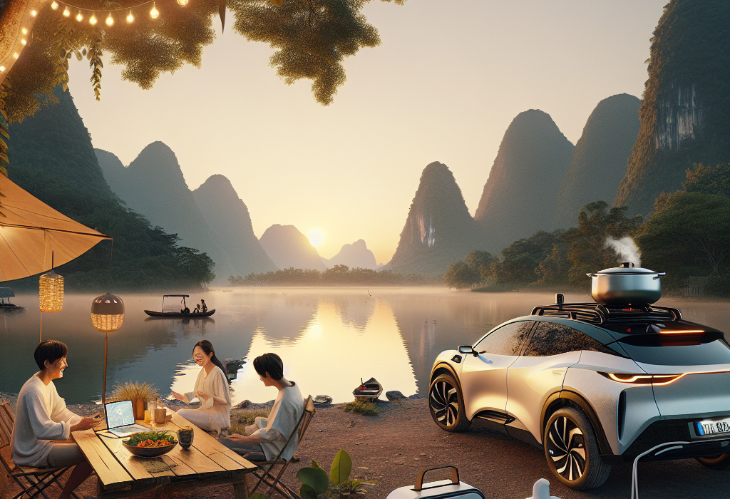 Một chiếc xe điện Kia EV6 màu trắng đang sử dụng tính năng V2L để cấp điện cho đèn, laptop và ấm đun nước tại một khu cắm trại ven hồ.