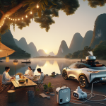 Một chiếc xe điện Kia EV6 màu trắng đang sử dụng tính năng V2L để cấp điện cho đèn, laptop và ấm đun nước tại một khu cắm trại ven hồ.