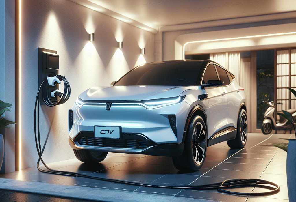 Một chiếc xe điện màu trắng đang được cắm sạc tại nhà bằng bộ sạc di động. Dây sạc cắm vào ổ điện trên tường gara.