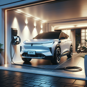 Một chiếc xe điện màu trắng đang được cắm sạc tại nhà bằng bộ sạc di động. Dây sạc cắm vào ổ điện trên tường gara.