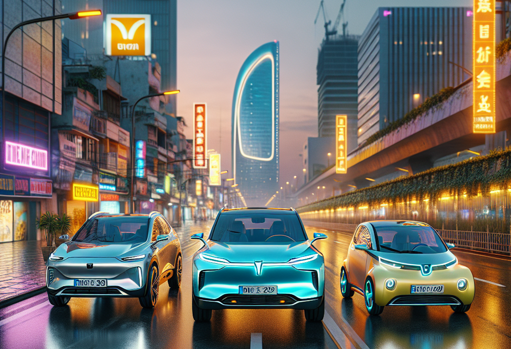 Ba mẫu xe điện của BYD, OMODA và Wuling đỗ cạnh nhau trên đường phố hiện đại.