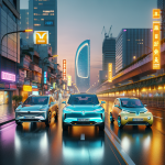 Ba mẫu xe điện của BYD, OMODA và Wuling đỗ cạnh nhau trên đường phố hiện đại.