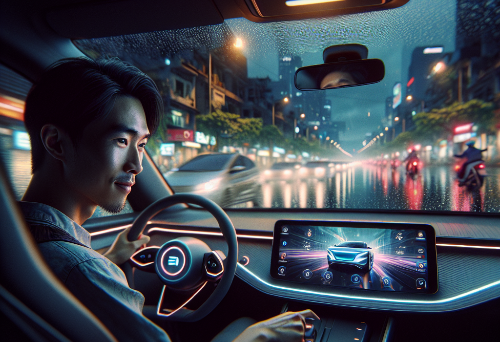 Nội thất cabin tối giản của một chiếc xe điện, với vô lăng và màn hình cảm ứng trung tâm lớn đang hiển thị bản đồ.