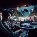 Nội thất cabin tối giản của một chiếc xe điện, với vô lăng và màn hình cảm ứng trung tâm lớn đang hiển thị bản đồ.