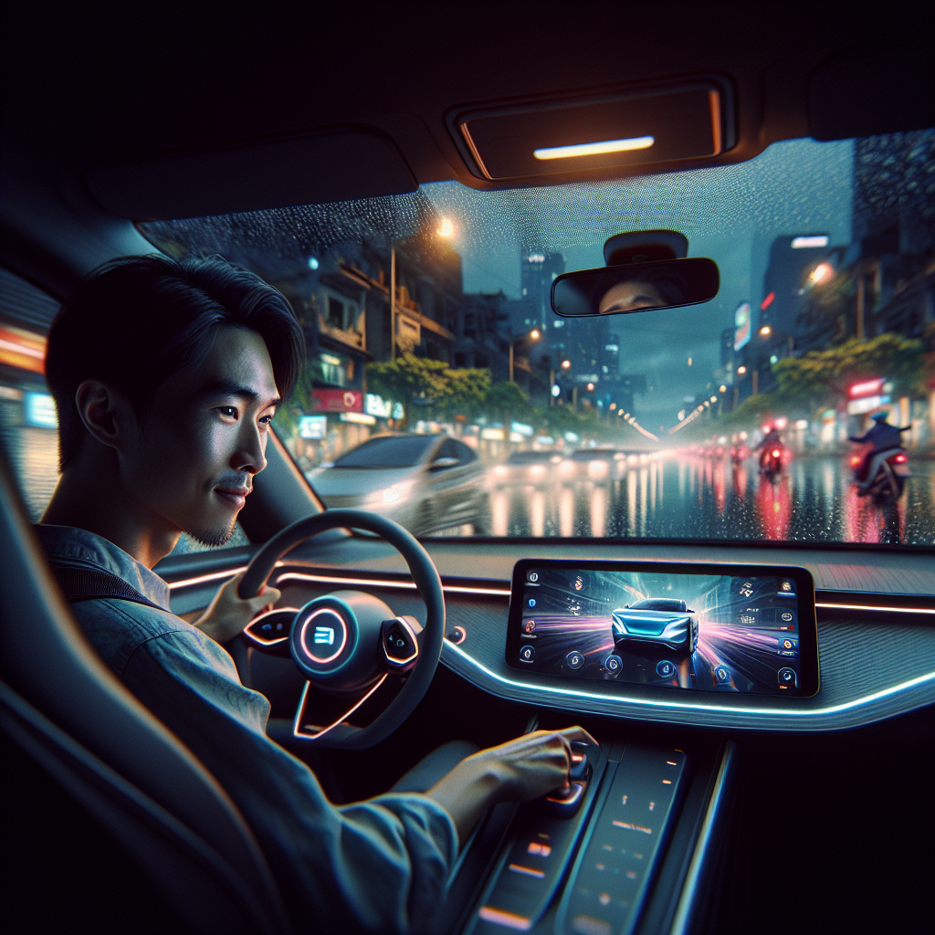 Nội thất cabin tối giản của một chiếc xe điện, với vô lăng và màn hình cảm ứng trung tâm lớn đang hiển thị bản đồ.