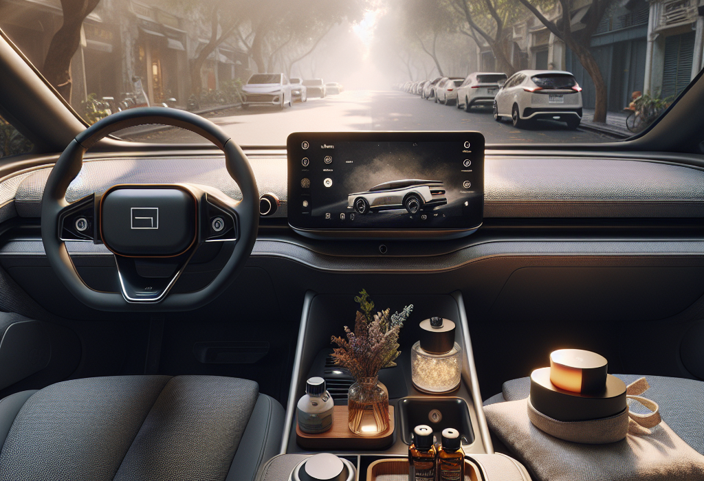 Nội thất một chiếc xe điện hiện đại với bộ khuếch tán tinh dầu kẹp trên cửa gió điều hòa.