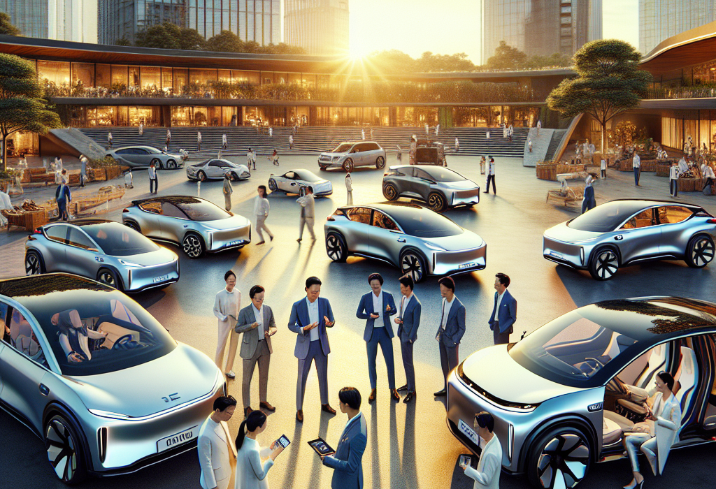 Một nhóm người dùng xe điện VinFast và BYD đang trò chuyện vui vẻ bên cạnh những chiếc xe của họ tại một buổi offline.