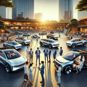 Một nhóm người dùng xe điện VinFast và BYD đang trò chuyện vui vẻ bên cạnh những chiếc xe của họ tại một buổi offline.