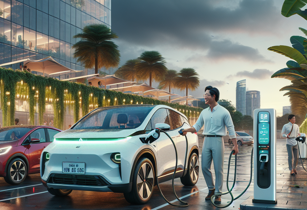 Một hàng xe điện nhiều màu sắc đang sạc pin tại một trạm sạc công cộng hiện đại.