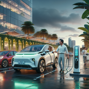 Một hàng xe điện nhiều màu sắc đang sạc pin tại một trạm sạc công cộng hiện đại.