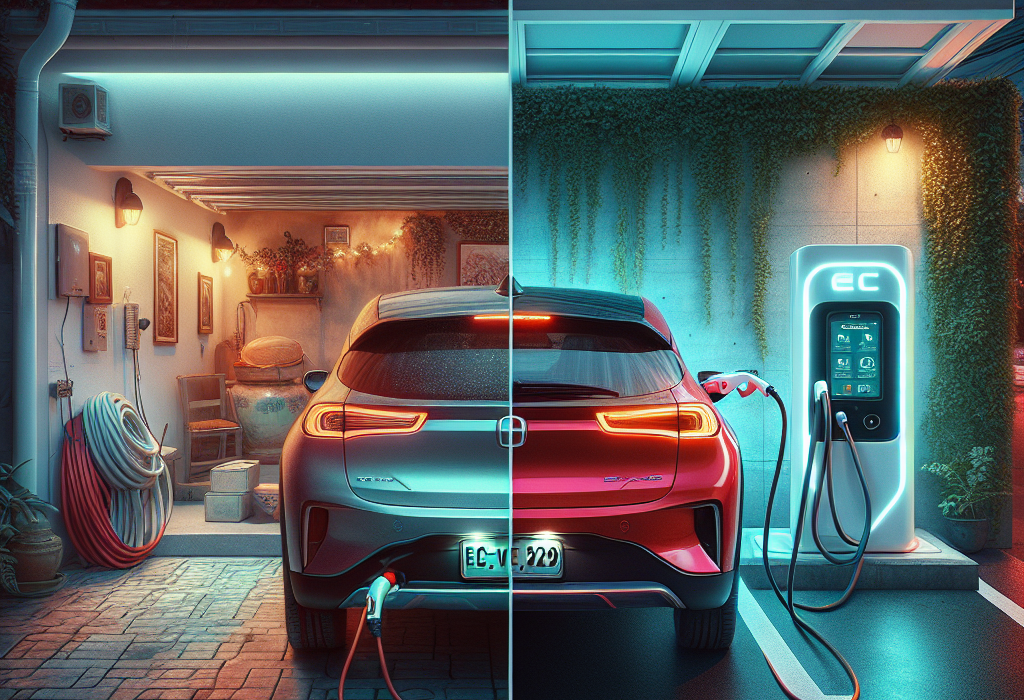 Một chiếc xe điện VinFast màu trắng đang được sạc tại trạm sạc công cộng của VinFast vào ban đêm.