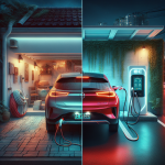 Một chiếc xe điện VinFast màu trắng đang được sạc tại trạm sạc công cộng của VinFast vào ban đêm.