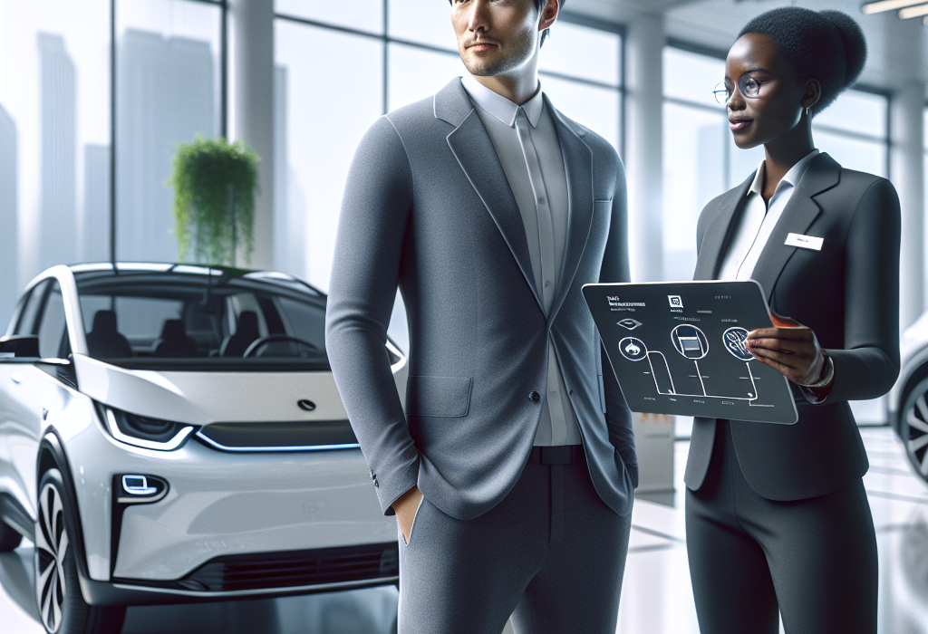 Một kỹ thuật viên đang kiểm tra hệ thống pin của một chiếc xe điện hiện đại trong xưởng dịch vụ chính hãng.