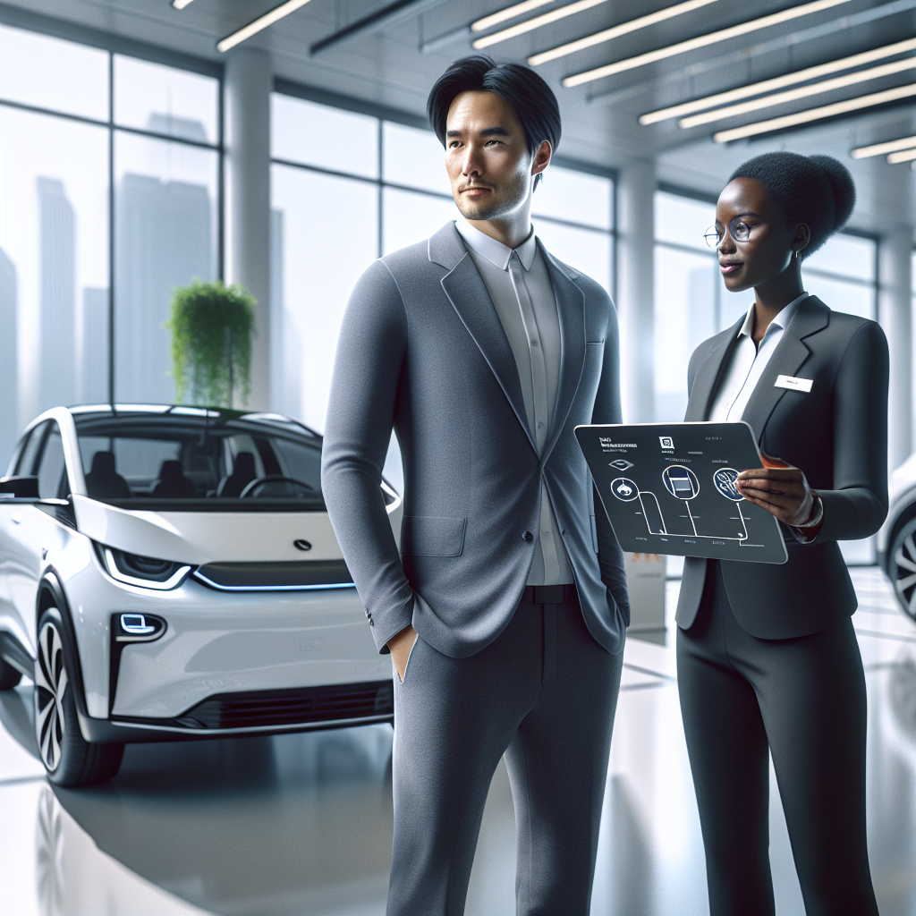 Một kỹ thuật viên đang kiểm tra hệ thống pin của một chiếc xe điện hiện đại trong xưởng dịch vụ chính hãng.