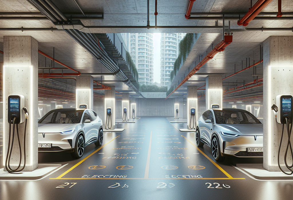 Một khu vực sạc xe điện hiện đại trong tầng hầm chung cư, được trang bị đầy đủ hệ thống PCCC như đầu phun sprinkler và biển báo an toàn.