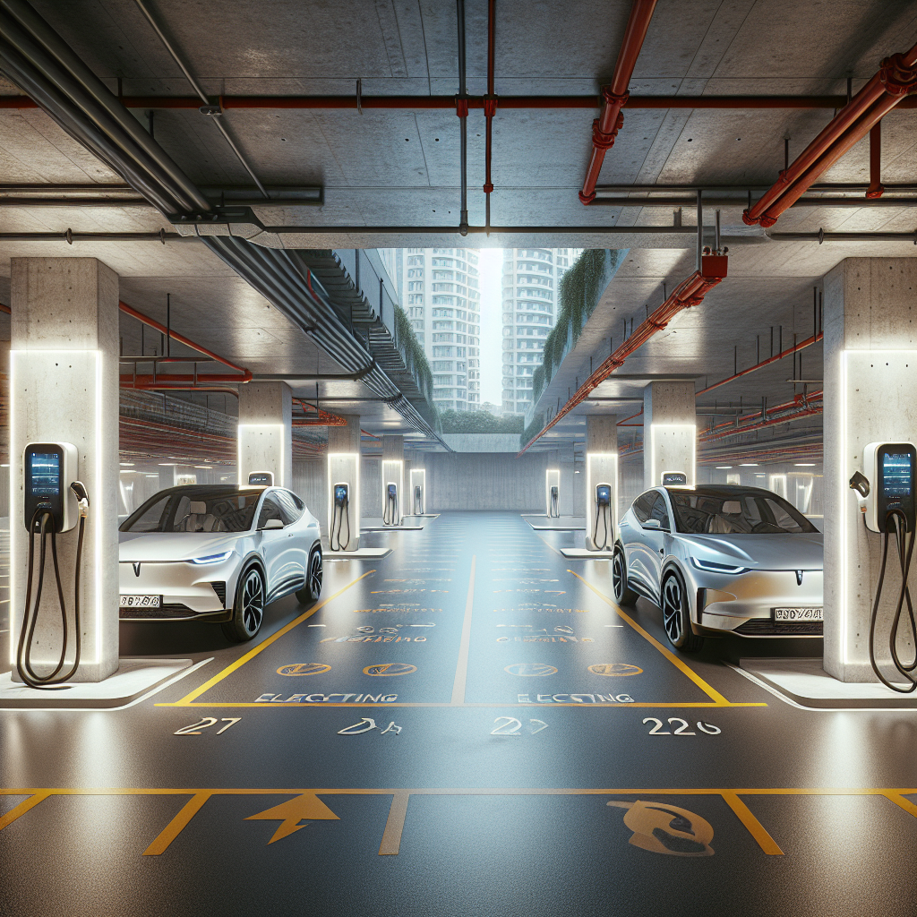 Một khu vực sạc xe điện hiện đại trong tầng hầm chung cư, được trang bị đầy đủ hệ thống PCCC như đầu phun sprinkler và biển báo an toàn.