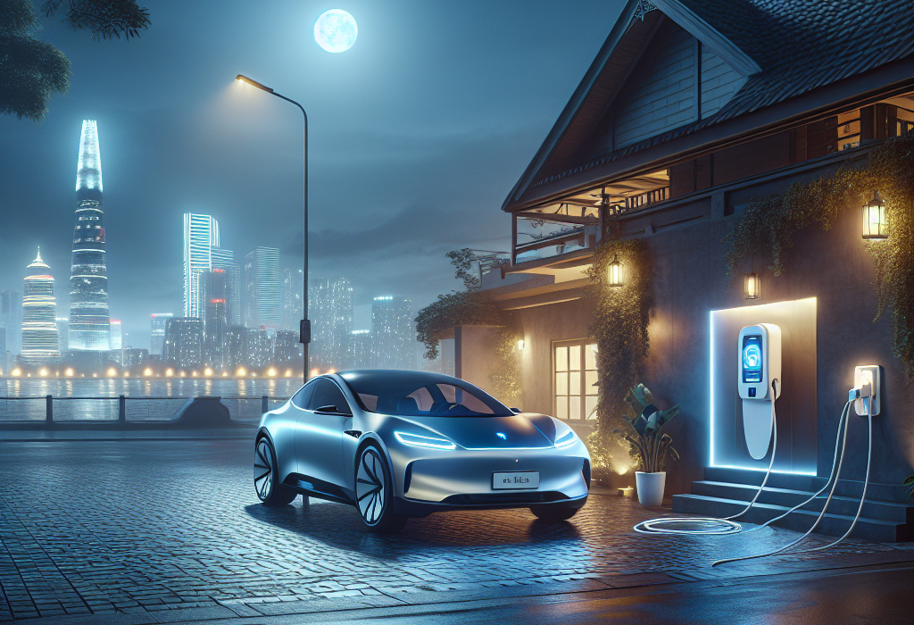 Một chiếc xe điện VinFast VF 9 màu xám đang được cắm sạc tại một trạm sạc công cộng hiện đại vào buổi tối.