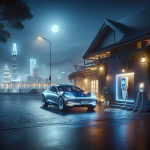 Một chiếc xe điện VinFast VF 9 màu xám đang được cắm sạc tại một trạm sạc công cộng hiện đại vào buổi tối.